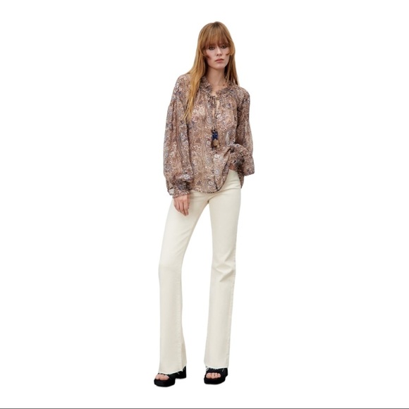 Zara Women Size M Blouse V Neck Long Sleeve Ruffle Sheer Top Paisley Tassel - Picture 3 of 14